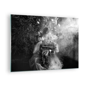 Obraz na szkle - Kobieta w tiulowej sukni z klatką i koroną z roślin w czerni i bieli - 70x50cm - Sama Matka – Natura - Nowoczesna dekoracja ścienna do salonu i sypialni ARTTOR