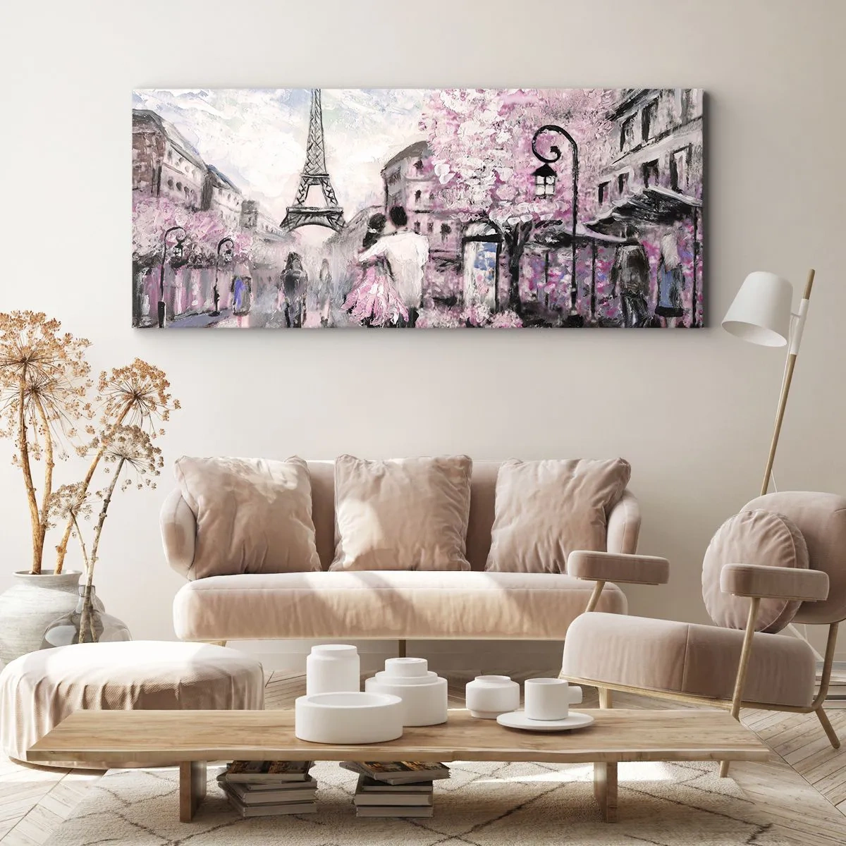 Obraz na płótnie - Romantyczny spacer w Paryżu przy Wieży Eiffla - 160x50cm - Jak zakochac się, to tylko w… - Nowoczesna dekoracja ścienna do salonu i sypialni ARTTOR