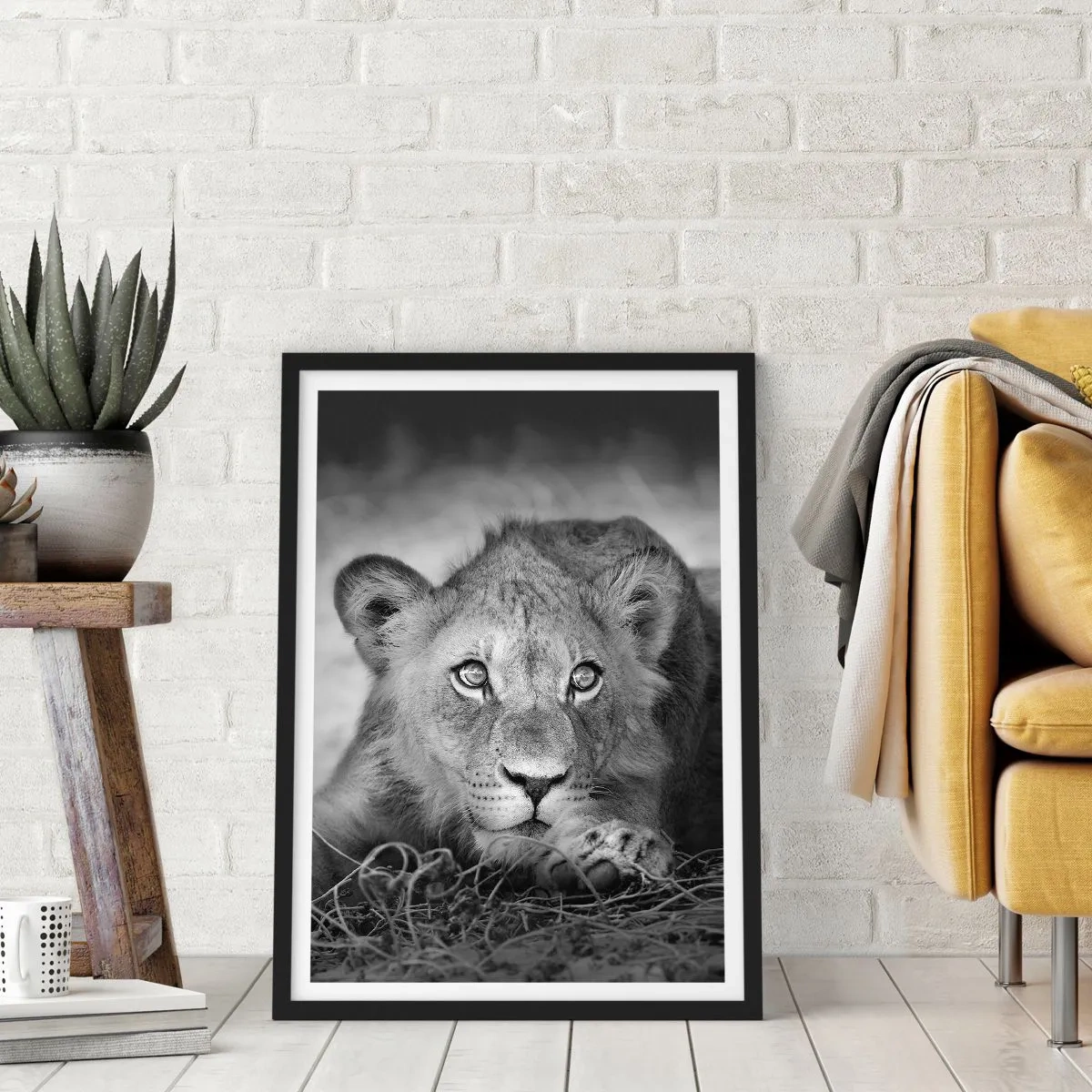 Plakat w czarnej ramie - Młody lew w monochromatycznej tonacji - 50x70cm - Królewskie szczenię - Nowoczesna dekoracja ścienna do salonu i sypialni ARTTOR