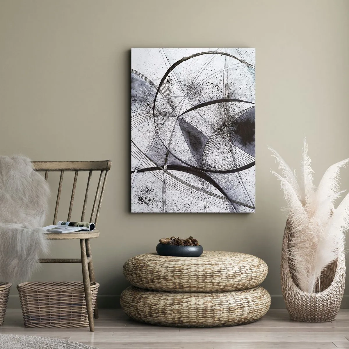 Obraz na płótnie - Abstrakcyjne linie i kształty w odcieniach szarości i czerni - 70x100cm - Futurystyczna fantazja - Nowoczesna dekoracja ścienna do salonu i sypialni ARTTOR