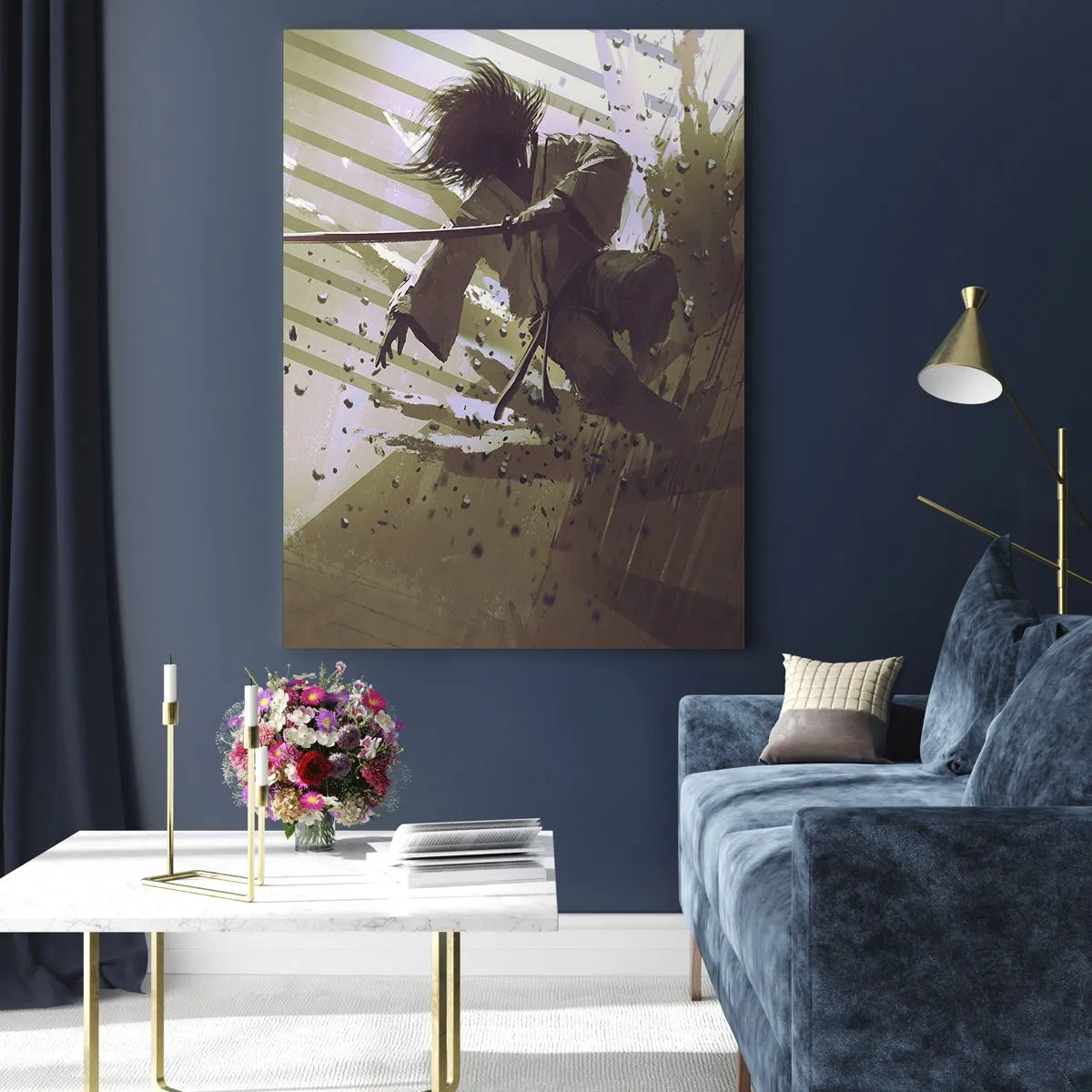 Obraz na szkle - Dynamiczna walka dwóch postaci w futurystycznym stylu - 80x120cm - I ty możesz być samurajem - Nowoczesna dekoracja ścienna do salonu i sypialni ARTTOR