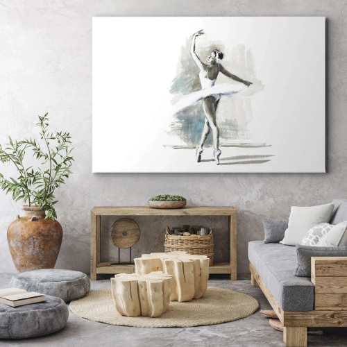 Obraz na płótnie - Zaklęta w łabędzia - Tancerka baletowa w pozie baletowej na tle delikatnych akwarelowych tonacji - 70x50cm