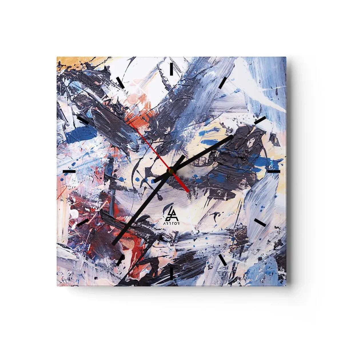 Zegar ścienny - Abstrakcja z dynamicznymi pociągnięciami pędzla w kolorach błękitu i czerwieni - 30x30cm - Szalony taniec abstrakcji - Nowoczesna dekoracja ścienna do salonu i sypialni ARTTOR