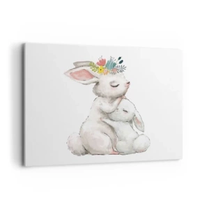 Obraz na płótnie - Urocze króliki w pastelowych barwach - 100x70cm - Nie ma jak u mamy - Nowoczesna dekoracja ścienna do salonu, kuchni i sypialni ARTTOR