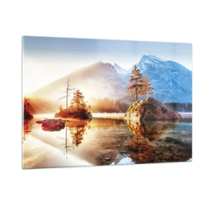Obraz na szkle - Górski krajobraz o poranku z drzewami i odbiciem w jeziorze - 120x80cm - Natura w nowym świetle - Nowoczesna dekoracja ścienna do salonu, kuchni i sypialni ARTTOR