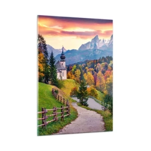 Obraz na szkle - Jesienny pejzaż górski z kościółkiem i drogą prowadzącą przez wzgórza - 50x70cm - Pejzaż jak malowanie - Nowoczesna dekoracja ścienna do salonu, kuchni i sypialni ARTTOR