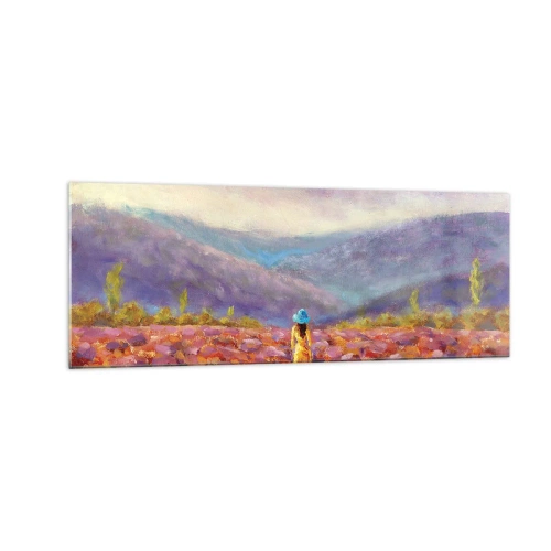 Obraz na szkle - Kobieta w kapeluszu spacerująca po polu lawendy - 140x50cm - W lawendowym świecie - Nowoczesna dekoracja ścienna do salonu i sypialni ARTTOR