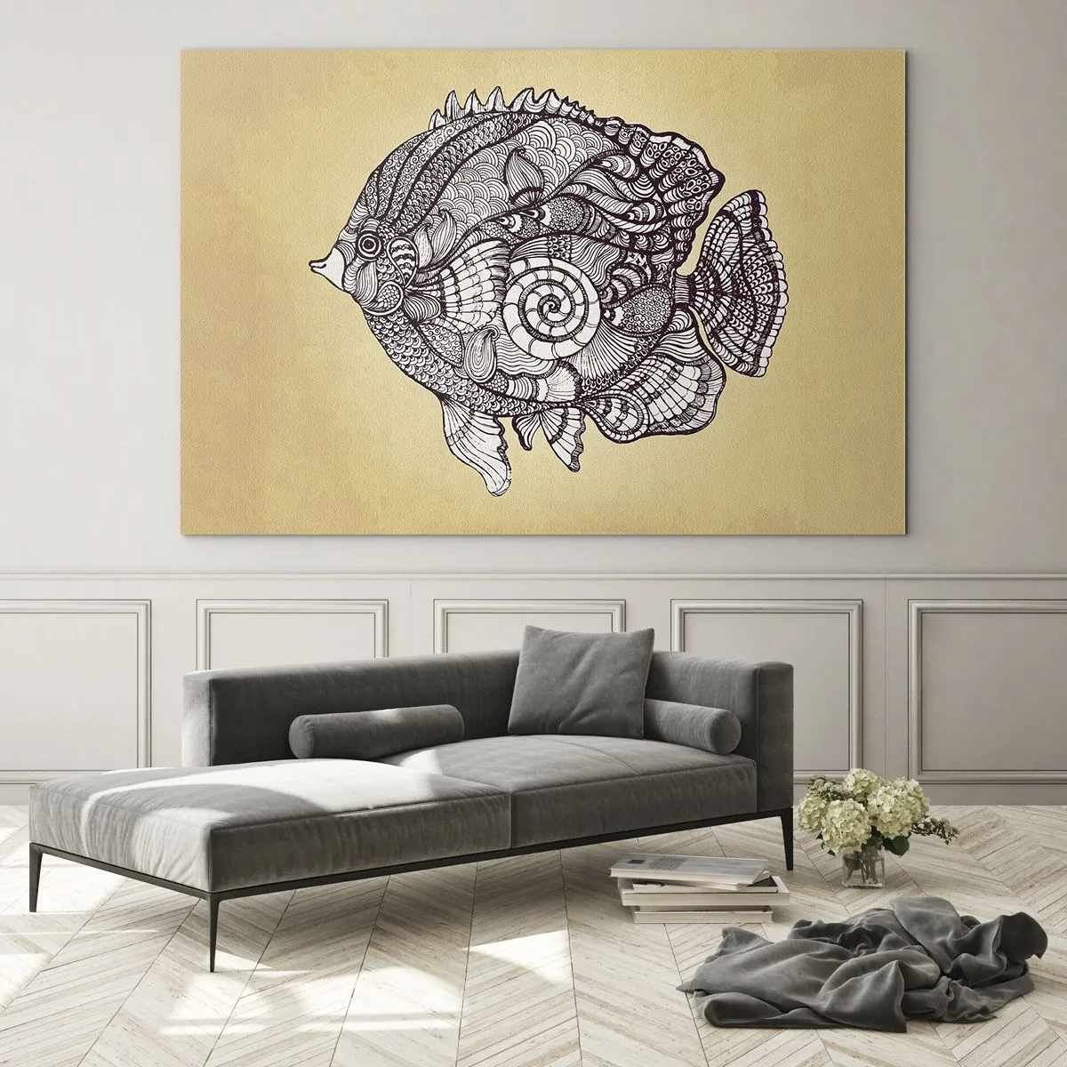 Obraz na szkle - Rysunkowa ryba z ornamentami na beżowym tle - 70x50cm - Z oceanu ornamentów - Nowoczesna dekoracja ścienna do salonu i sypialni ARTTOR