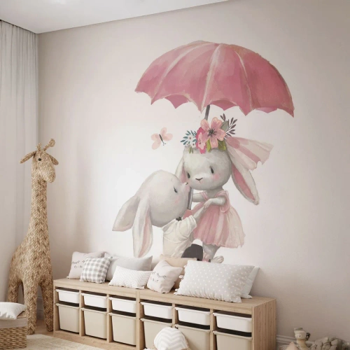 Fototapeta Premium Canvas - Urocze króliczki pod różowym parasolem - 100x70cm - To właśnie miłość - Nowoczesna dekoracja ścienna do salonu i sypialni ARTTOR