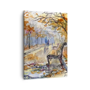 Obraz na płótnie - Para spacerująca po jesiennym parku, obok ławki, malowana akwarelą w odcieniach żółci, pomarańczy i fioletu - 50x70cm - Razem powędrować w jesień - Nowoczesna dekoracja ścienna do salonu, kuchni i sypialni ARTTOR