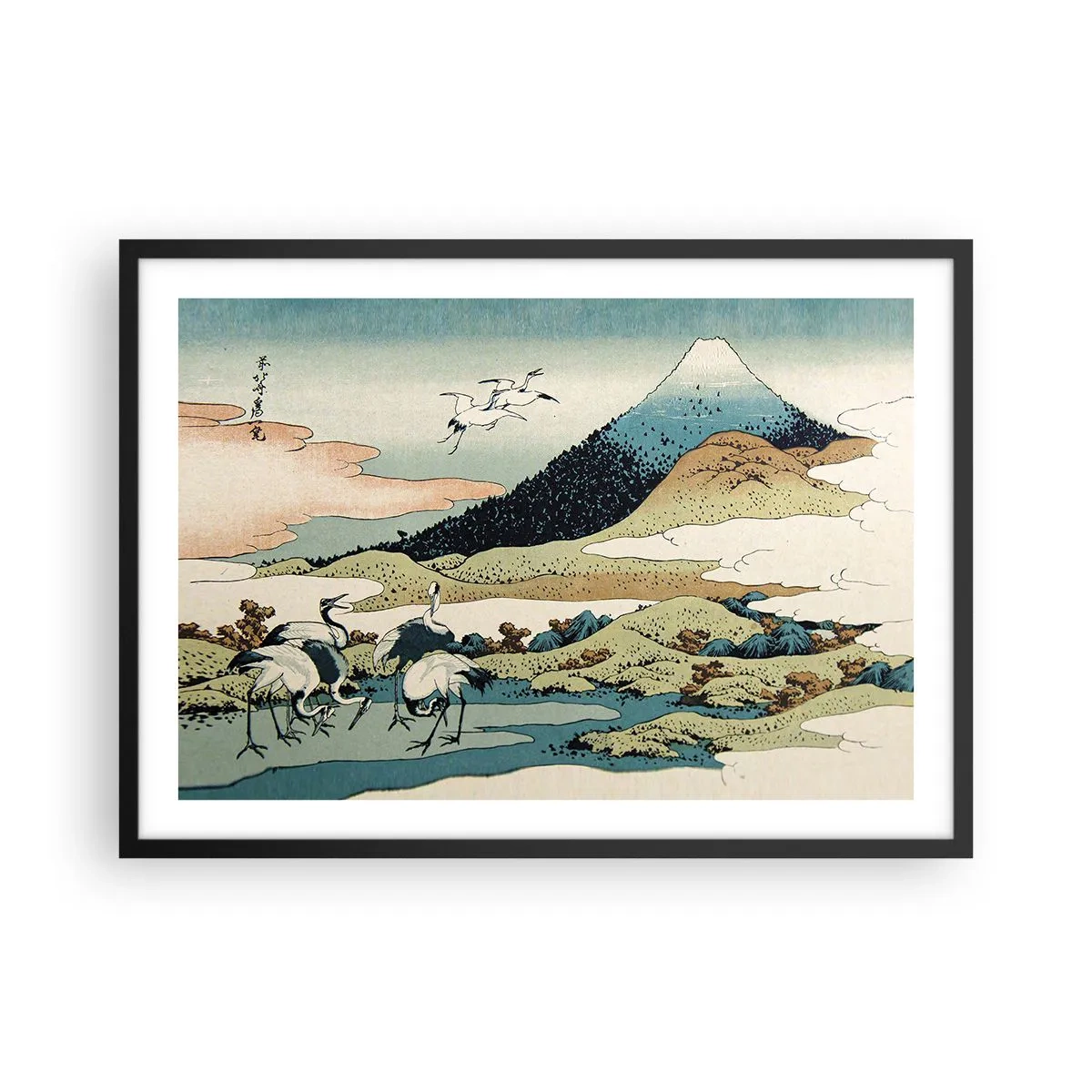 Plakat w czarnej ramie - Tradycyjna japońska grafika z górami i żurawiami - 70x50cm - W japońskim duchu - Nowoczesna dekoracja ścienna do salonu i sypialni ARTTOR