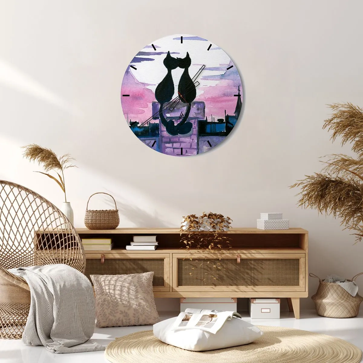 Zegar ścienny - Sylwetki dwóch kotów na tle różowego nieba - 30x30cm - Rendez-vous pod księżycem - Nowoczesna dekoracja ścienna do salonu, kuchni i sypialni ARTTOR