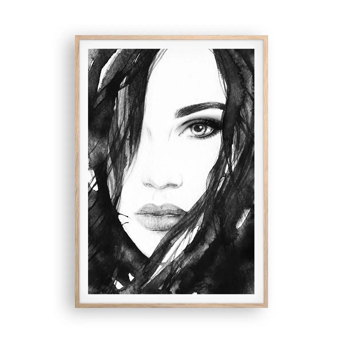 Plakat w ramie jasny dąb - Portret damy w czerni i bieli - 70x100 cm