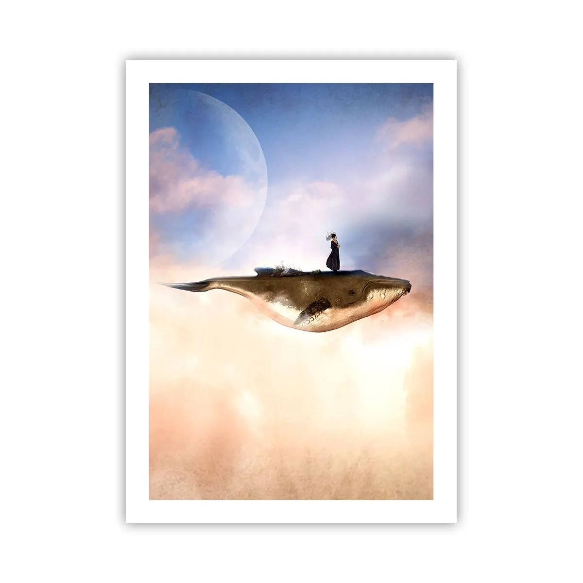 Plakat - Surrealistyczny obraz kobiety na wielorybie wśród chmur - 50x70cm - Nadrealna podróż - Nowoczesna dekoracja ścienna do salonu, kuchni i sypialni ARTTOR