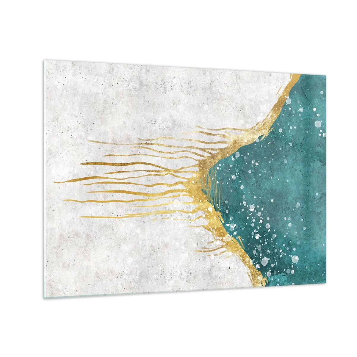 Obraz na szkle - Abstrakcyjny złoty wzór na tle turkusu i bieli - 70x50cm - Złoty przypływ - Nowoczesna dekoracja ścienna do salonu i sypialni ARTTOR