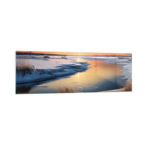 Obraz na szkle - Zimowy krajobraz z rzeką o zachodzie słońca - 160x50cm - Zimowy zachód słońca - Nowoczesna dekoracja ścienna do salonu i sypialni ARTTOR