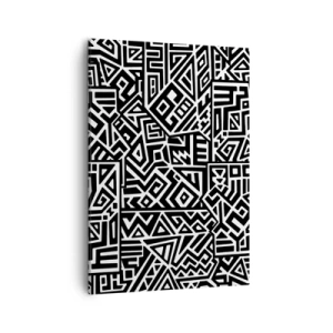 Obraz na płótnie - Czarno-biały wzór geometryczny inspirowany motywami prekolumbijskimi - 50x70cm - Kompozycja prekolumbijska - Nowoczesna dekoracja ścienna do salonu, kuchni i sypialni ARTTOR