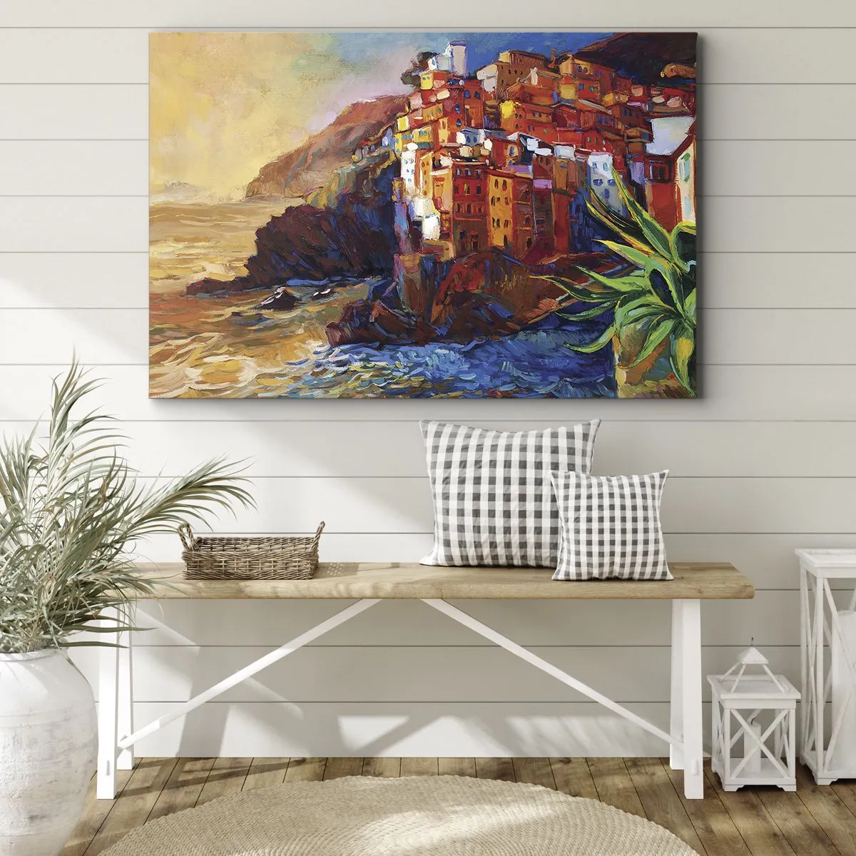 Obraz na płótnie - Kolorowe domy na klifie nad morzem - 100x70cm - Włoskie klimaty - Nowoczesna dekoracja ścienna do salonu, kuchni i sypialni ARTTOR