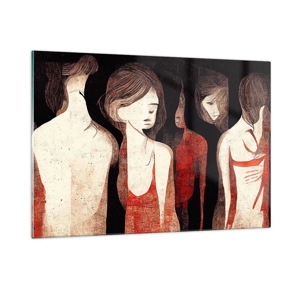 Obraz na szkle - Abstrakcyjne kobiece sylwetki w czerwieni na czarnym tle - 120x80cm - Madonny z ciemności - Nowoczesna dekoracja ścienna do salonu, kuchni i sypialni ARTTOR