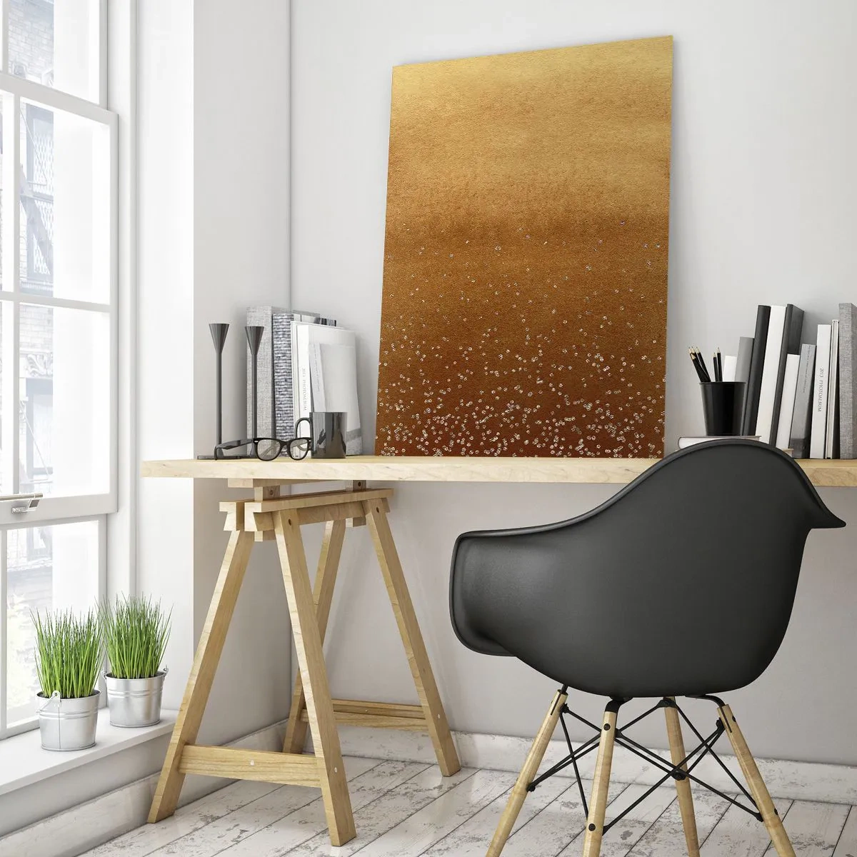 Obraz na szkle - Złoty abstrakcyjny wzór z drobnymi refleksami - 50x70cm - Narodziny światła - Nowoczesna dekoracja ścienna do salonu, kuchni i sypialni ARTTOR