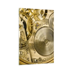 Obraz na szkle - Mechanizm zegarka z widocznymi zębatkami i detalami - 70x100cm - Idź z duchem czasu - Nowoczesna dekoracja ścienna do salonu i sypialni ARTTOR