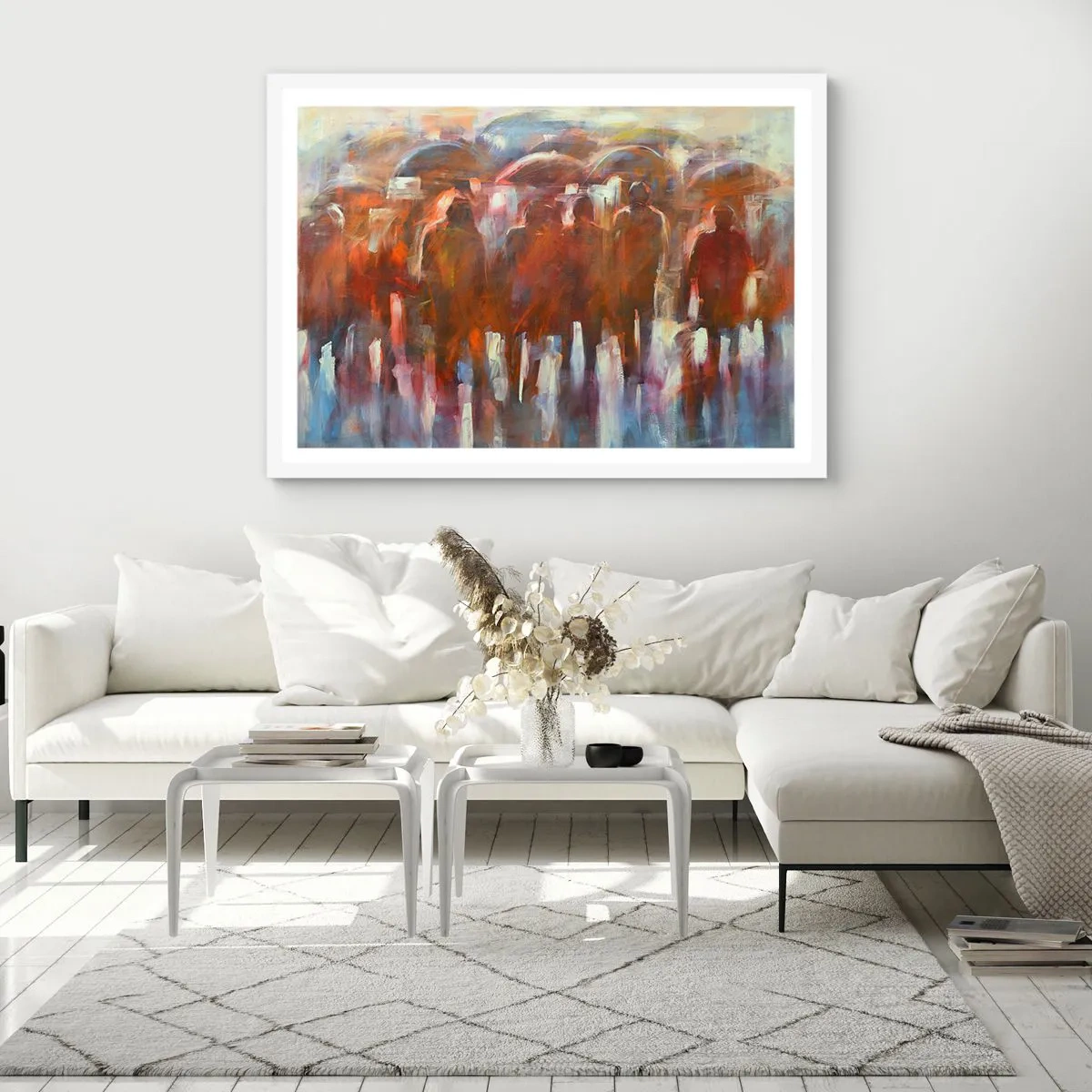 Plakat w białej ramie - Równi w deszczu i mgle - 40x30 cm