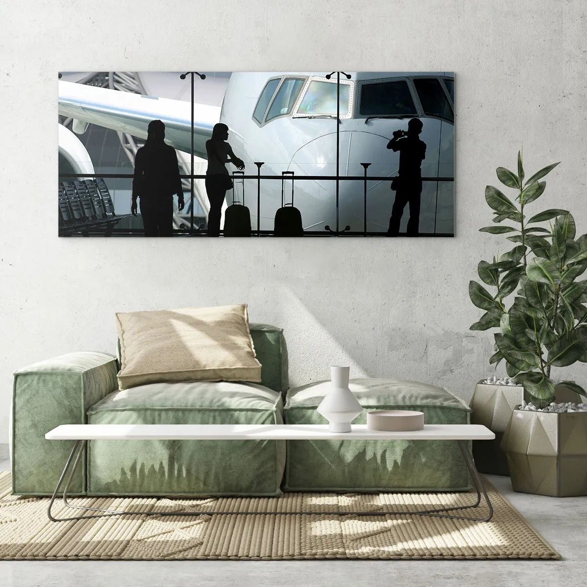Obraz na szkle - Lotnisko z sylwetkami ludzi i widokiem na samolot - 120x50cm - Vis a vis na lotnisku - Nowoczesna dekoracja ścienna do salonu i sypialni ARTTOR