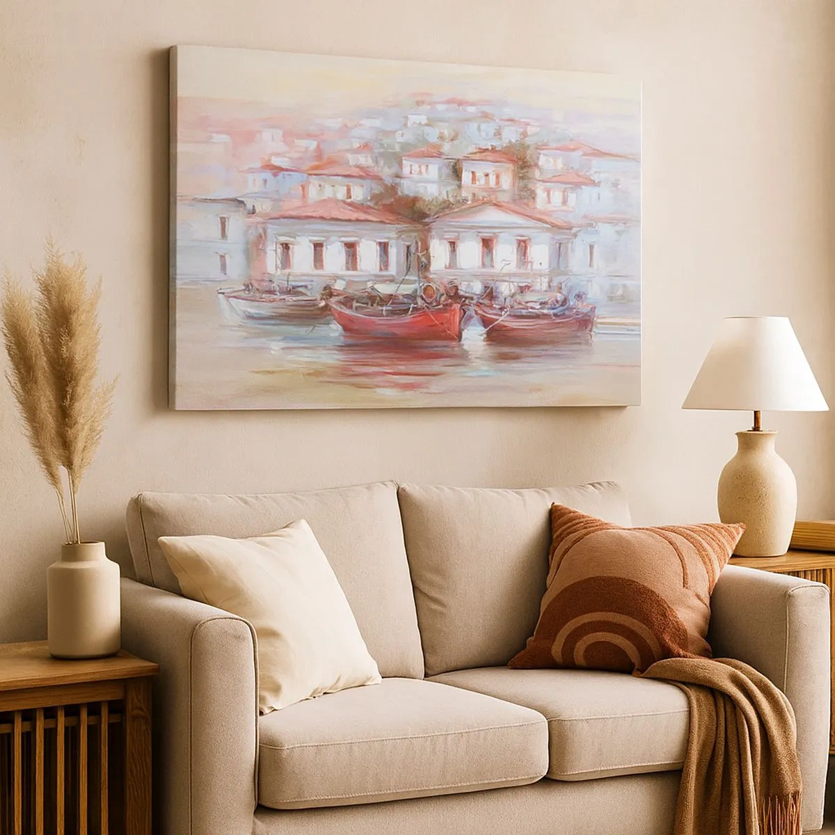 Obraz na płótnie - Kolorowe łodzie i malownicze budynki nad wodą w pastelowych barwach - 70x50cm - Szczęśliwe miasteczko - Nowoczesna dekoracja ścienna do salonu i sypialni ARTTOR