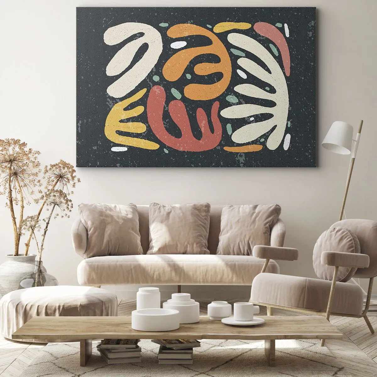 Obraz na płótnie - Abstrakcyjne kształty w ciepłych kolorach na ciemnym tle - 70x50cm - Kompozycja – zaraz cię schwytam - Nowoczesna dekoracja ścienna do salonu i sypialni ARTTOR
