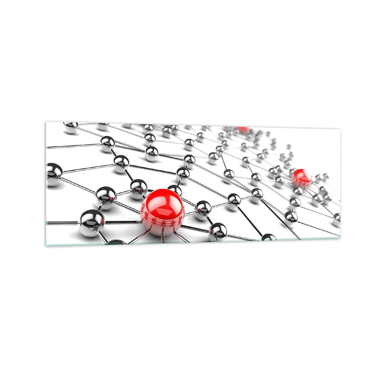 Obraz na szkle - Sieć metalicznych kulek z czerwonymi akcentami - 140x50cm - Srebrzysta sieć - Nowoczesna dekoracja ścienna do salonu i sypialni ARTTOR