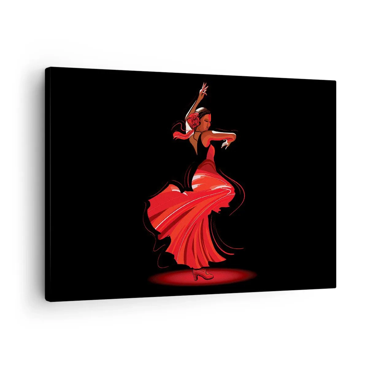 Obraz na płótnie - Tancerka flamenco w czerwonej sukni na czarnym tle - 70x50cm - Ognisty duch flamenco - Nowoczesna dekoracja ścienna do salonu i sypialni ARTTOR