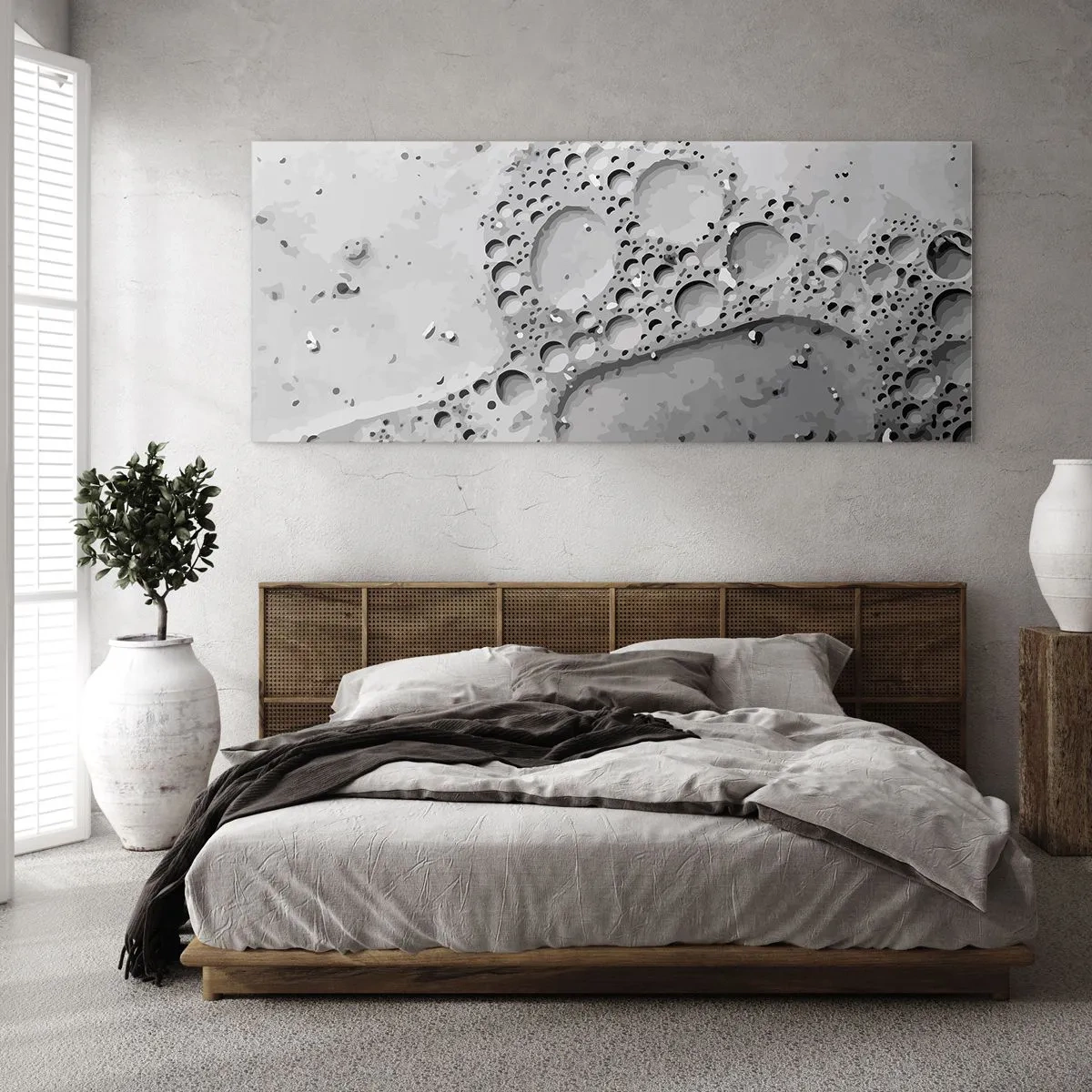 Obraz na szkle - Czarno-biały wzór bąbelków w minimalistycznym stylu - 140x50cm - Slad po spienionym - Nowoczesna dekoracja ścienna do salonu i sypialni ARTTOR
