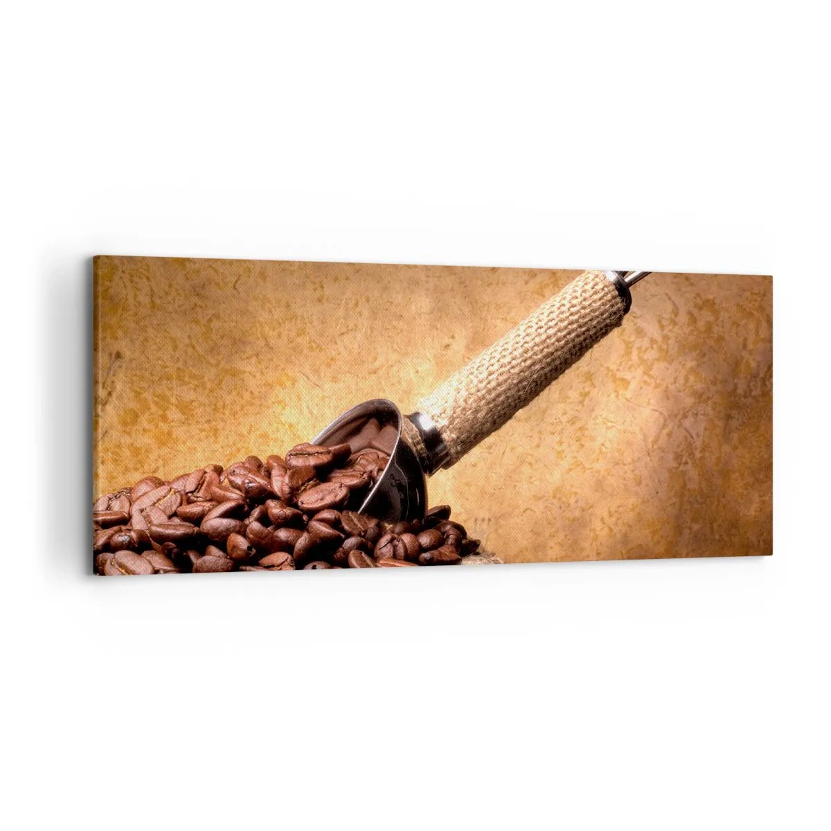 Obraz na płótnie - Ziarna kawy w worku jutowym z metalową łyżką - 120x50cm - U źródeł smaku - Nowoczesna dekoracja ścienna do salonu i sypialni ARTTOR