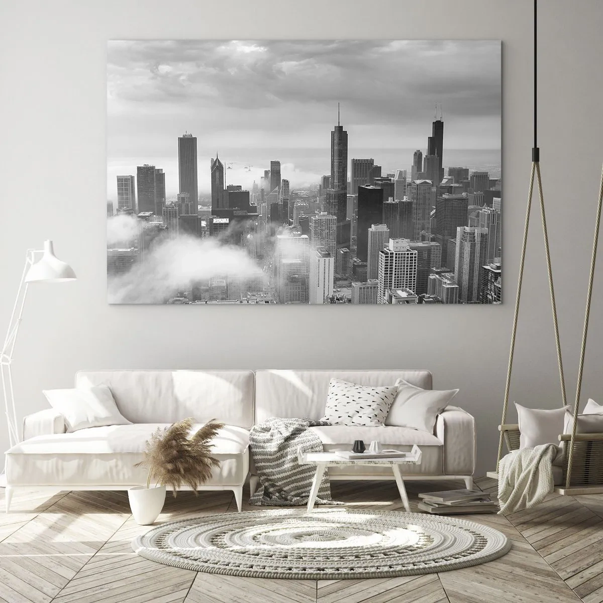 Obraz na szkle - Panorama miasta z wieżowcami w czerni i bieli - 70x50cm - Pejzaż amerykański - Nowoczesna dekoracja ścienna do salonu i sypialni ARTTOR