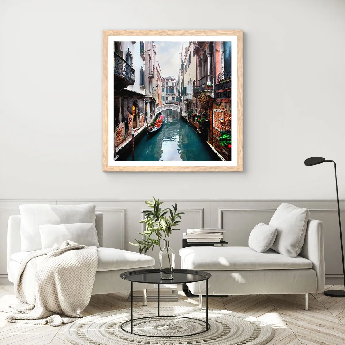 Plakat w ramie jasny dąb - Pejzaż wenecki z gondolą i mostkiem - 40x40 cm