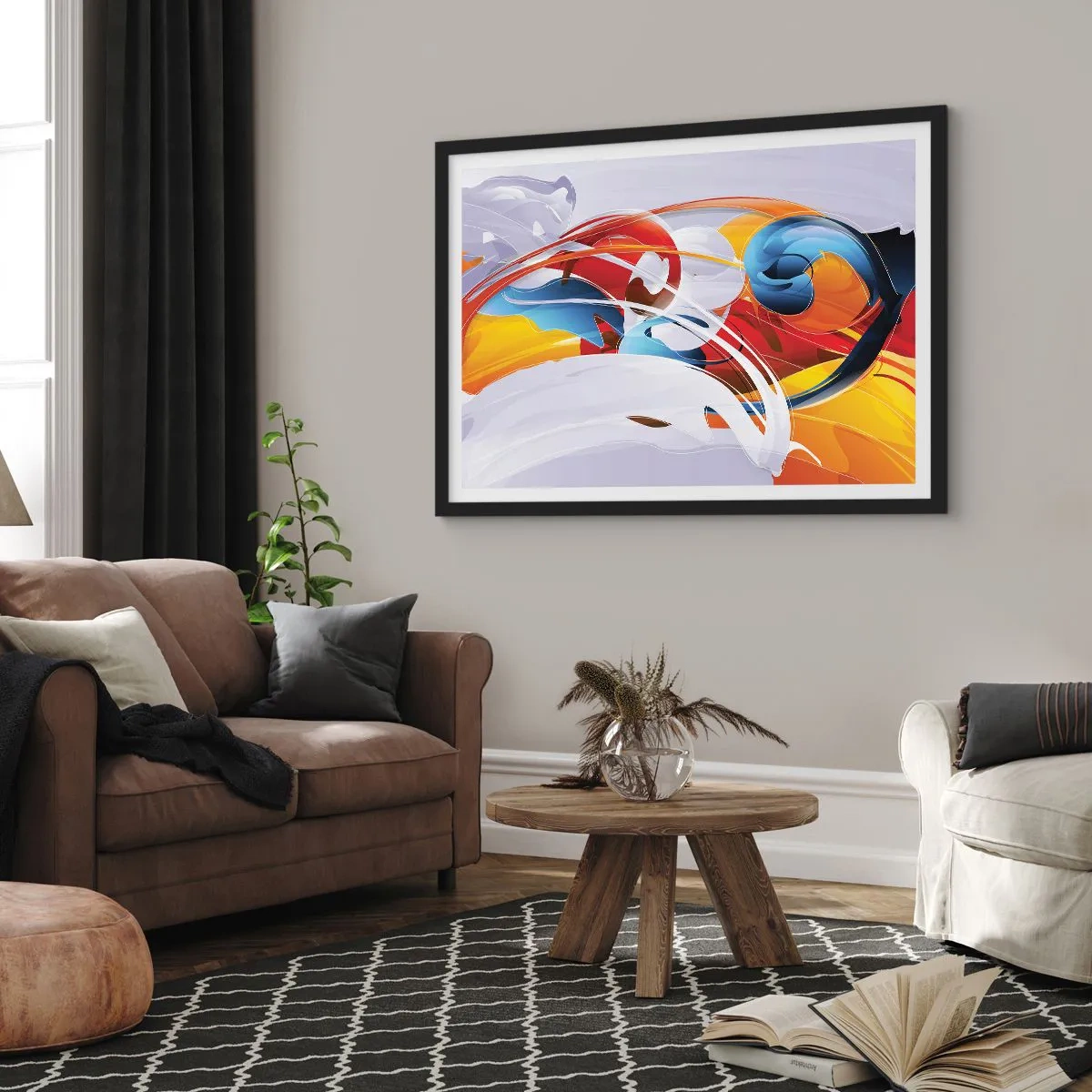 Plakat w czarnej ramie - Kolorowa abstrakcja z dynamicznymi liniami i żywymi barwami - 100x70cm - Taniec żywiołów - Nowoczesna dekoracja ścienna do salonu i sypialni ARTTOR