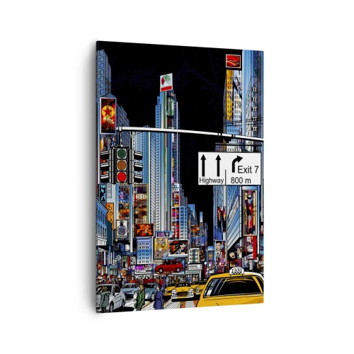 Obraz na płótnie - Tętniące życiem miasto z kolorowymi reklamami i żółtymi taksówkami - 70x100cm - Komiksowa wielka noc - Nowoczesna dekoracja ścienna do salonu i sypialni ARTTOR