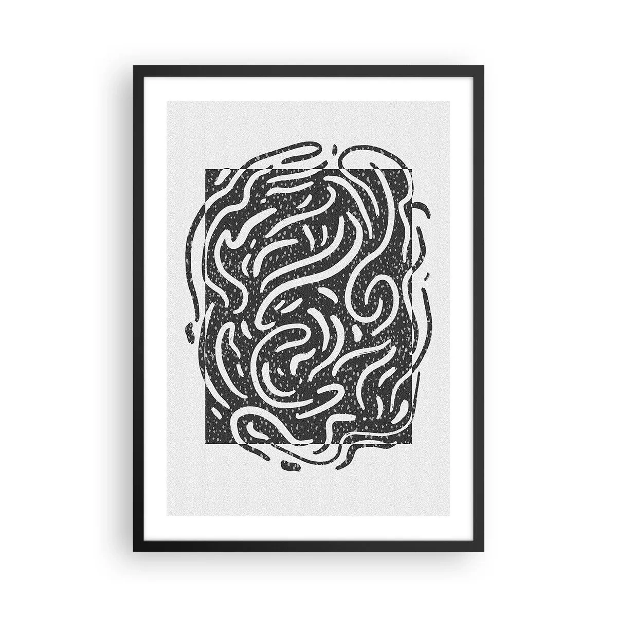 Plakat w czarnej ramie - Abstrakcyjna kompozycja z dynamicznymi liniami i kształtami w czerni i bieli - 50x70cm - Abstrakcja: taniec radości - Nowoczesna dekoracja ścienna do salonu i sypialni ARTTOR