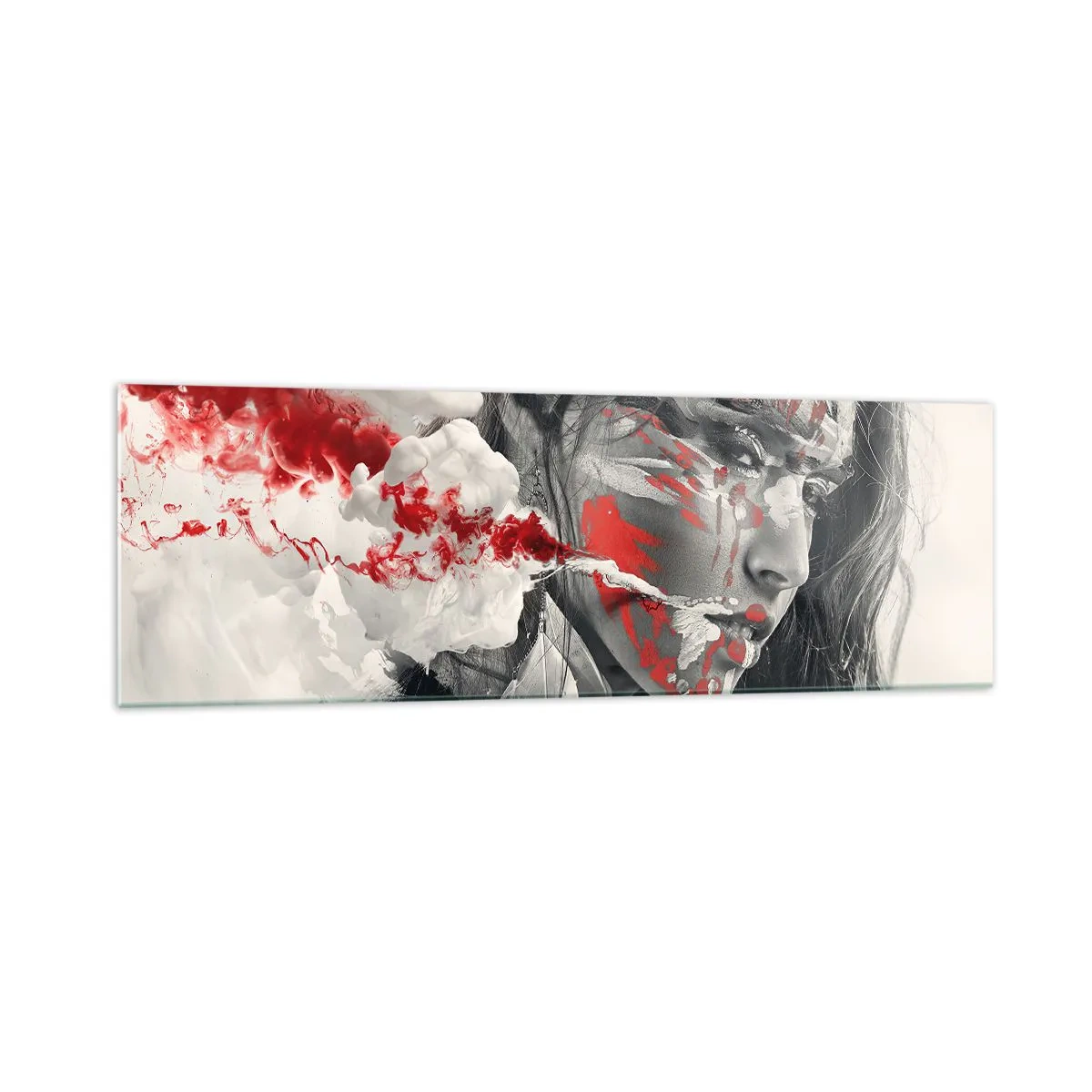 Obraz na szkle - Artystyczny portret kobiety z abstrakcyjnymi czerwonymi akcentami - 160x50cm - W oparach absurdu - Nowoczesna dekoracja ścienna do salonu i sypialni ARTTOR
