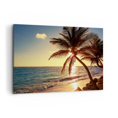 Obraz na płótnie - Tropikalny zachód słońca nad plażą z palmami - 100x70cm - Lato pod palmami - Nowoczesna dekoracja ścienna do salonu, kuchni i sypialni ARTTOR
