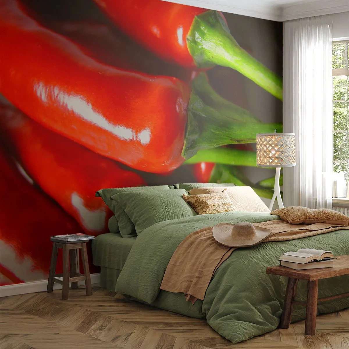 Fototapeta Premium Sand - Czerwone papryczki chili na jasnym tle - 100x70cm - Soczyste, błyszczące, gładkie - Nowoczesna dekoracja ścienna do salonu, kuchni i sypialni ARTTOR