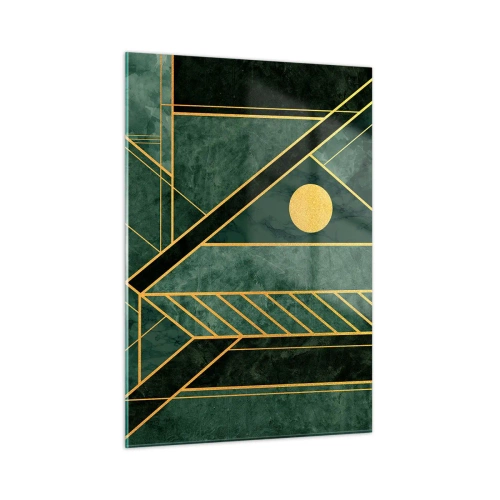 Obraz na szkle - Zielono-złota abstrakcja geometryczna w stylu art deco - 50x70cm - Dynamika złota i lazuru - Nowoczesna dekoracja ścienna do salonu, kuchni i sypialni ARTTOR