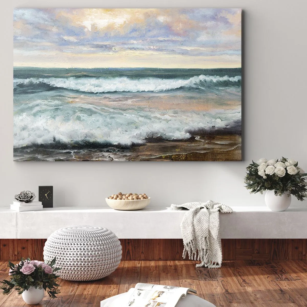 Obraz na płótnie - Morskie fale na tle zachmurzonego nieba o zachodzie słońca - 70x50cm - Tutaj wygładzisz duszę - Nowoczesna dekoracja ścienna do salonu i sypialni ARTTOR