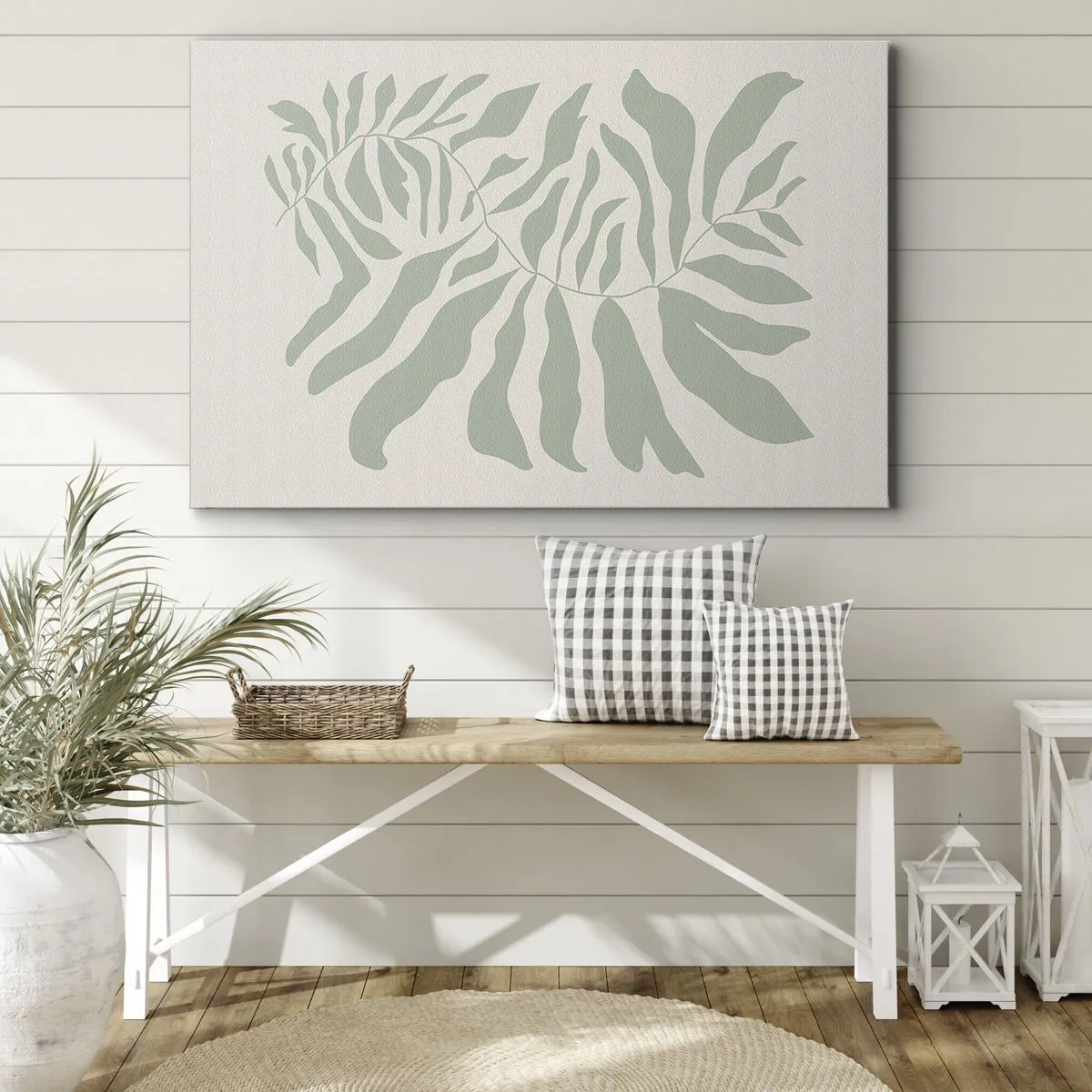 Obraz na płótnie - Delikatny wzór gałązki z liśćmi w odcieniu szmaragdowej zieleni - 70x50cm - Szmaragdowa gałązka - Nowoczesna dekoracja ścienna do salonu i sypialni ARTTOR