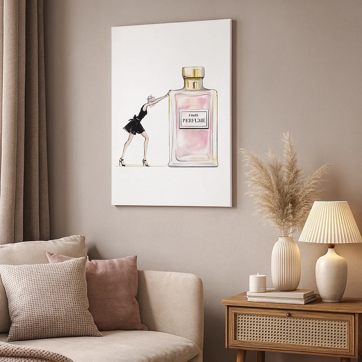 Obraz na płótnie - Elegancka ilustracja kobiety w czarnej sukience przy dużym flakonie perfum - 50x70cm - Esencja kobiecości - Nowoczesna dekoracja ścienna do salonu, kuchni i sypialni ARTTOR