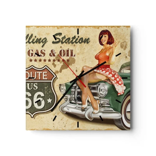 Zegar ścienny - Plakat retro Route 66 z pin-up dziewczyną i samochodem - 30x30cm - Wspaniałe lata 40. - Nowoczesna dekoracja ścienna do salonu i sypialni ARTTOR