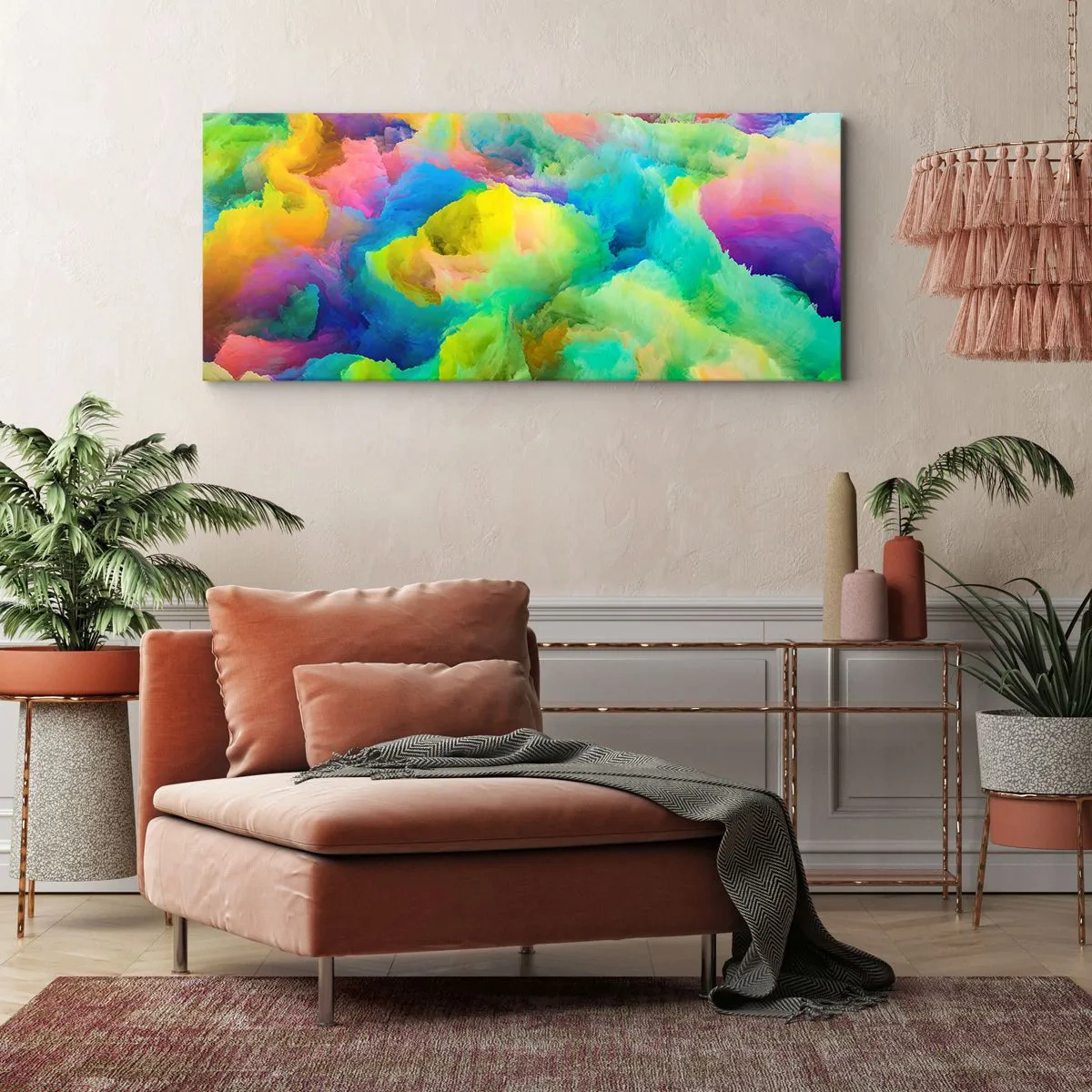 Obraz na płótnie - Abstrakcyjna kompozycja w tęczowych barwach - 120x50cm - Tęczowy puch - Nowoczesna dekoracja ścienna do salonu i sypialni ARTTOR