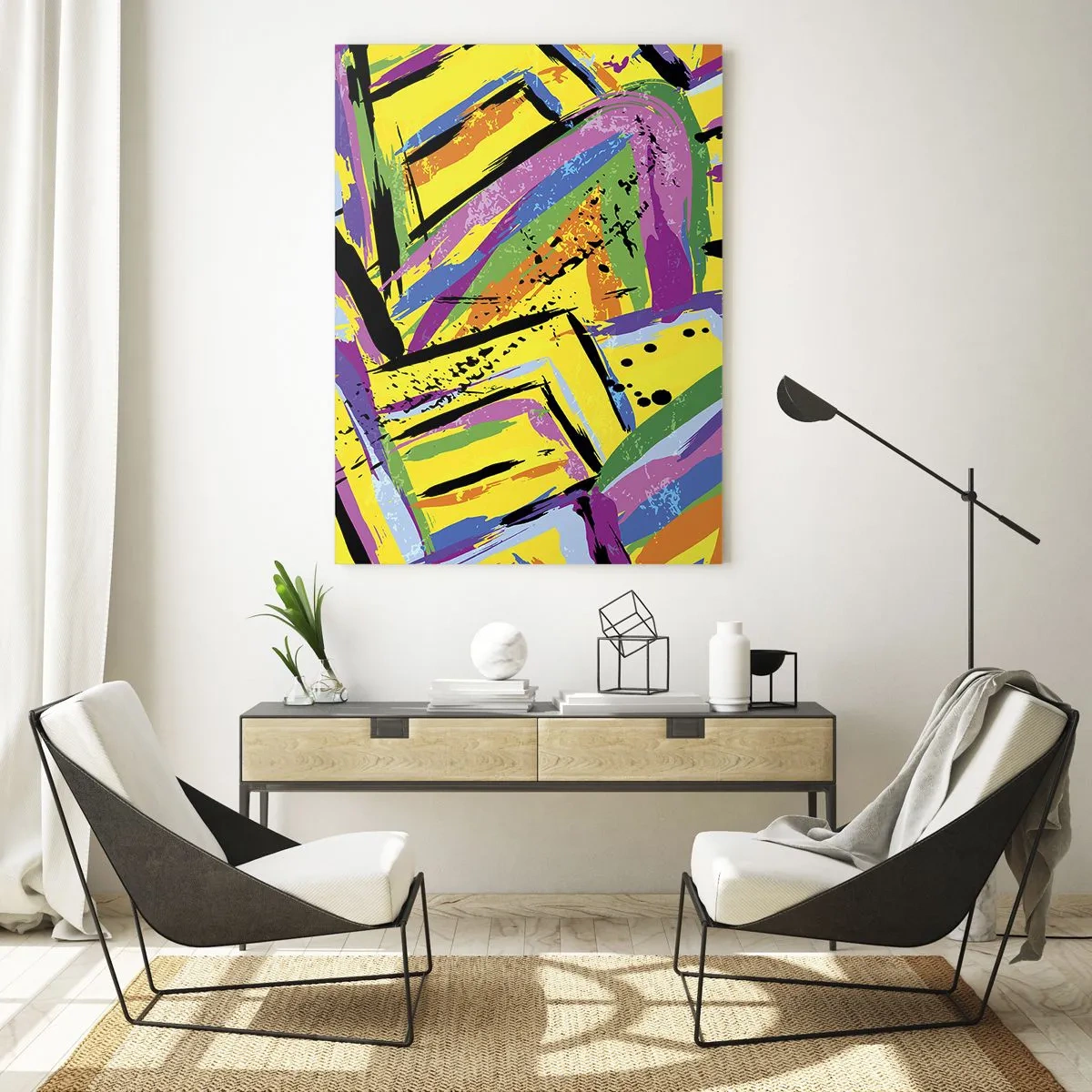 Obraz na szkle - Intensywna abstrakcja w jaskrawych kolorach na żółtym tle - 50x70cm - Aż krzyczy z radości - Nowoczesna dekoracja ścienna do salonu, kuchni i sypialni ARTTOR
