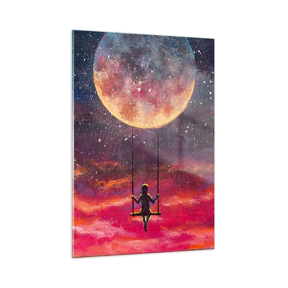 Obraz na szkle - Dziewczynka na huśtawce zawieszonej pod księżycem - 50x70cm - Bujać w obłokach - Nowoczesna dekoracja ścienna do salonu, kuchni i sypialni ARTTOR