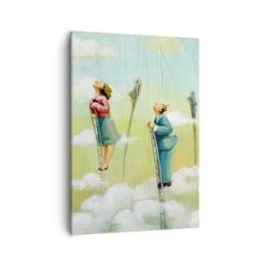 Obraz na płótnie - Postacie na drabinach wśród chmur w surrealistycznym stylu - 50x70cm - Za swoim marzeniem - Nowoczesna dekoracja ścienna do salonu, kuchni i sypialni ARTTOR